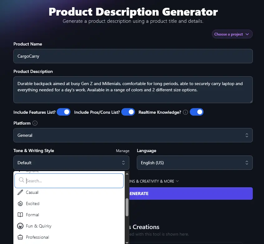 Choosing Your Tone & Writing Style for the Product Description Generator Tool