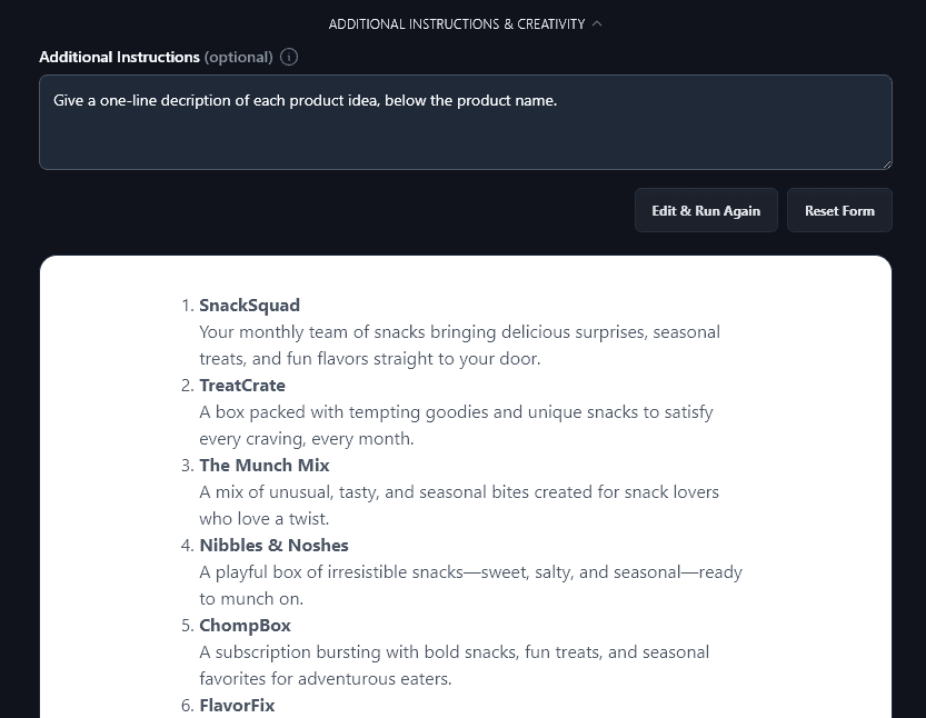 Giving the AI an Extra Request to Include a One-Line Description of Each Product: The AI Has Followed This Request in Its Output