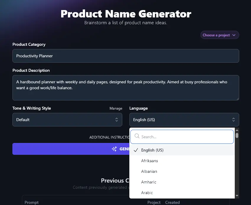 Using the Language Dropdown in the Product Name Generator