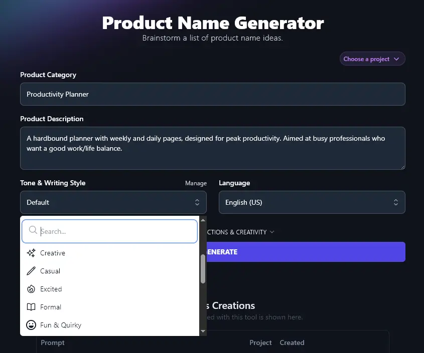Selecting a Tone & Writing Style in the Product Name Generator