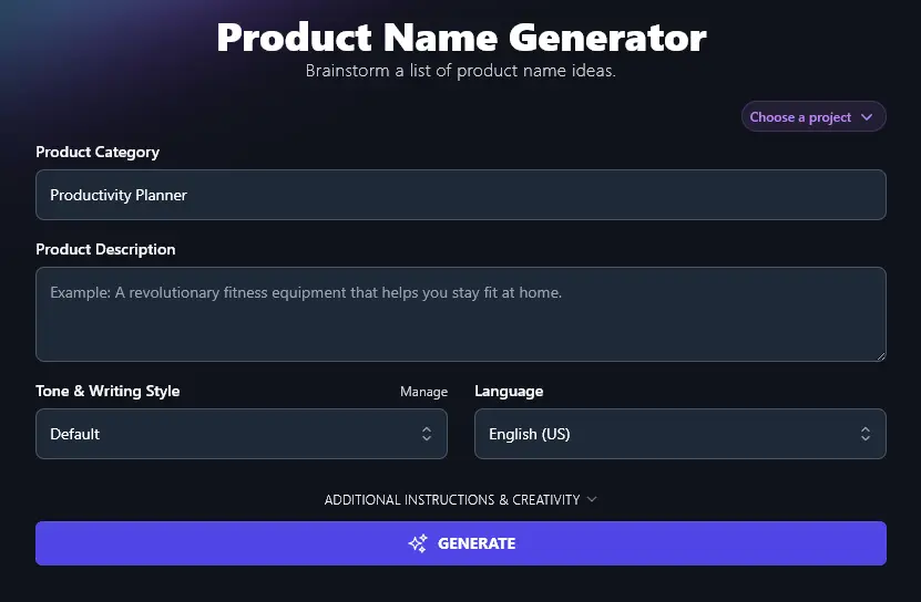 Entering a Product Category in the Product Name Generator