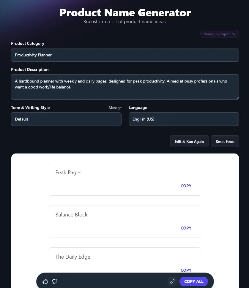 The List of Generated Names Created by the Product Name Tool
