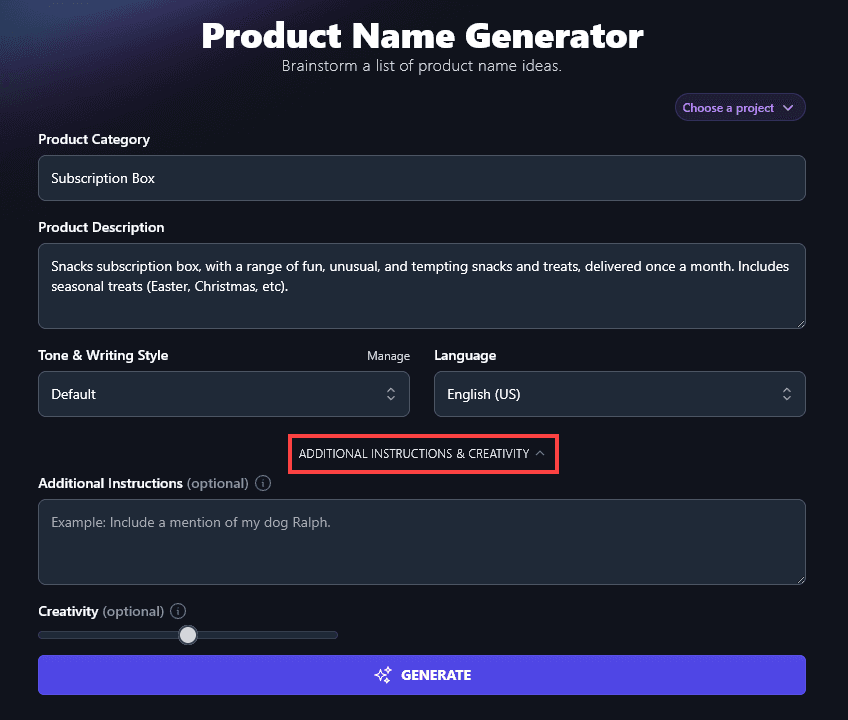Opening Up the Additional Instructions and Creativity Options in the Product Name Generator