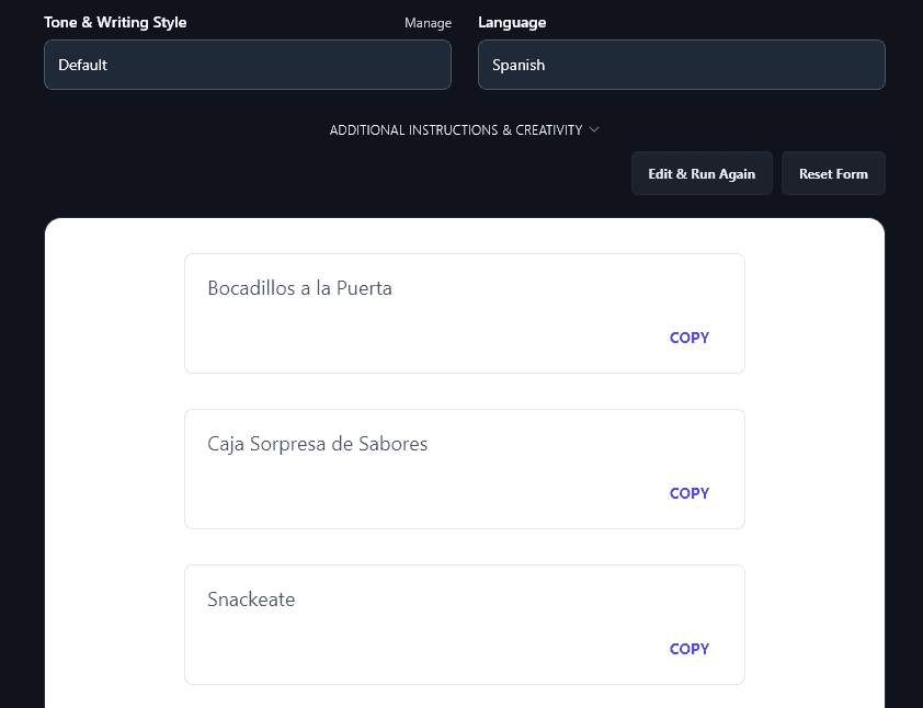 Product Names Generated in Spanish by the Product Name Tool