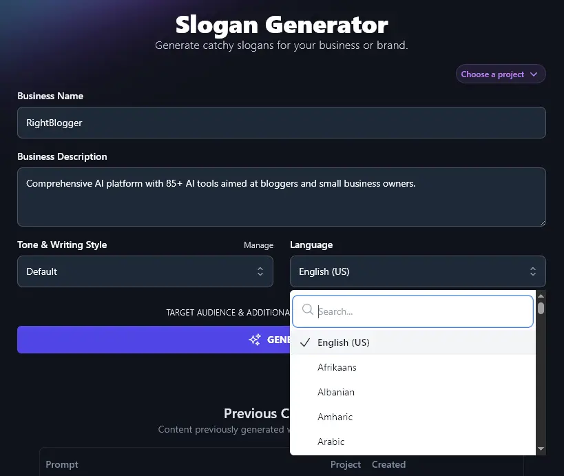 Choose Your Language for the AI Slogan Tool