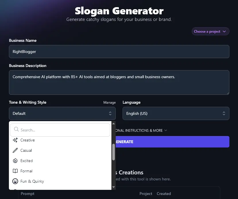 Select Your Tone & Writing Style for the AI Slogan Generator