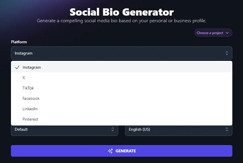 Selecting a Social Media Platform in the AI Social Media Bio Generator