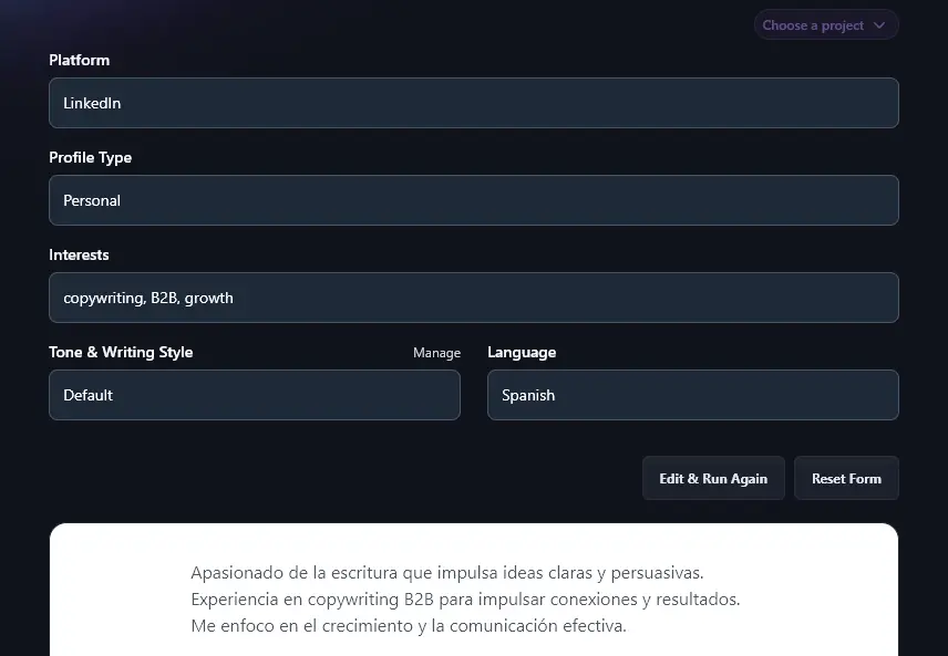 A Social Media Bio Produced in Spanish by the AI Social Bio Generator Tool