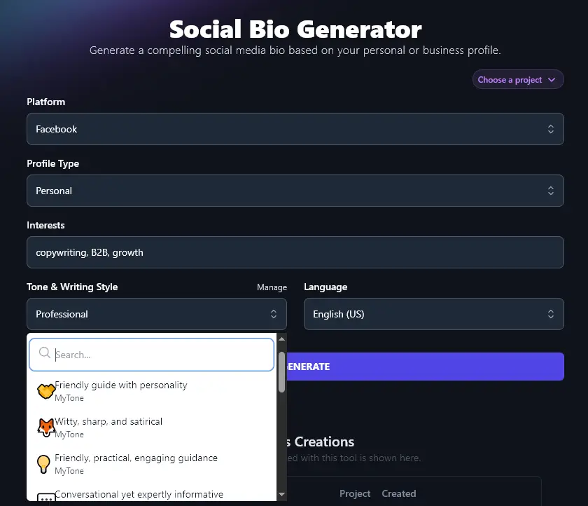 Viewing the MyTone Options in the Tone & Writing Style Dropdown for the Social Bio Generator