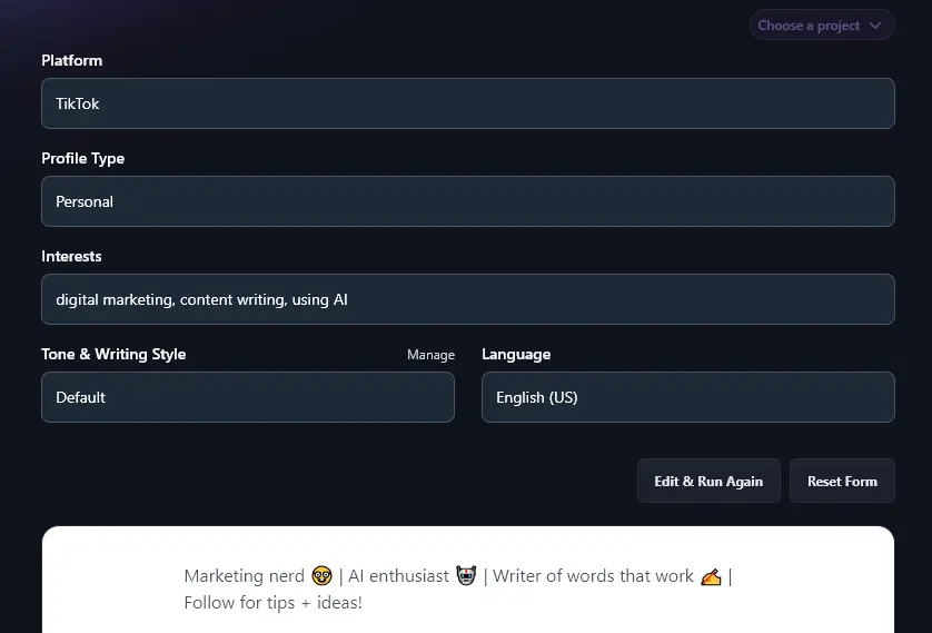 An Example of a TikTok Bio (With Emojis) Created By the Social Media Bio Generator