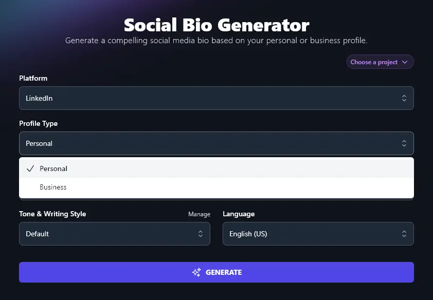 Choosing Your Profile Type in the AI Social Media Bio Generator