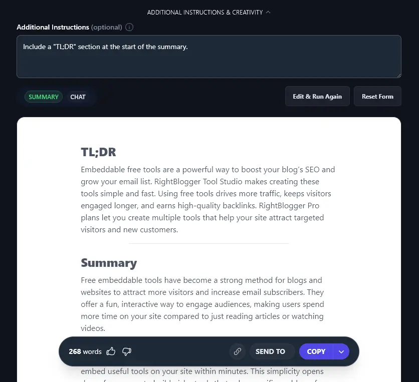 Giving Additional Instructions to the AI Summary Tool