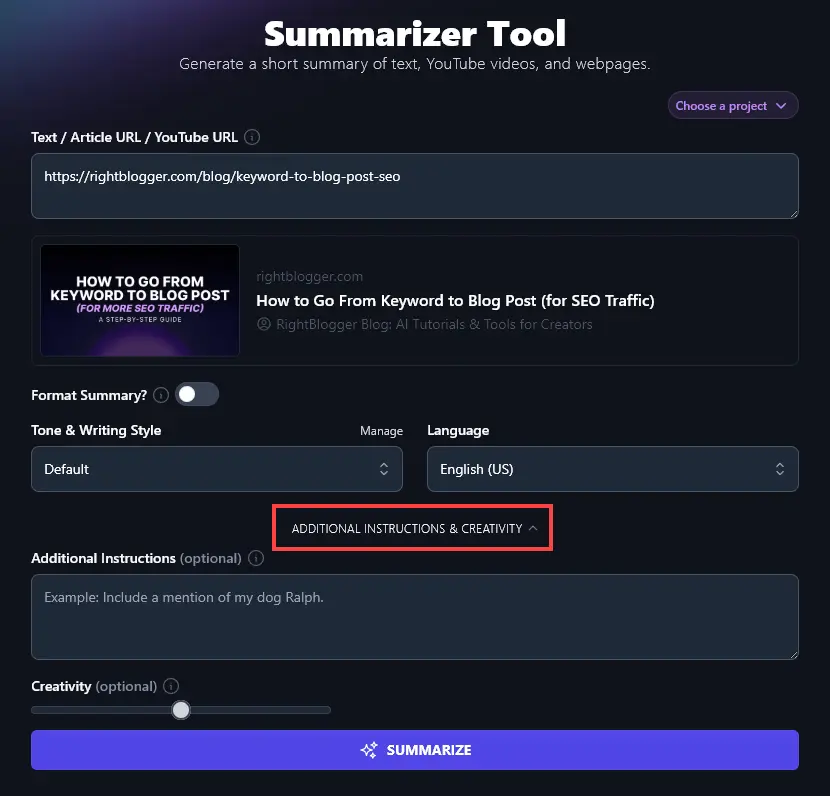 Opening Up the Advanced Options for the AI Summarizer Tool