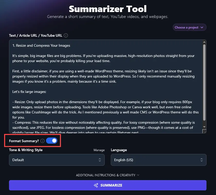 Getting the AI to Format the Summary it Creates, With the Summarizer Tool
