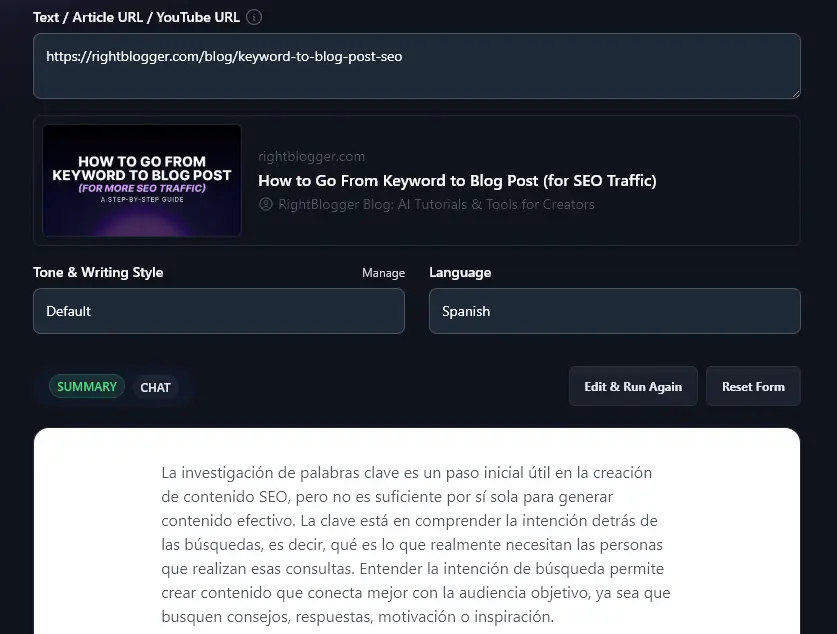 An Example ofan AI-Generated Summary Produced in Spanish (for an English Blog Post)