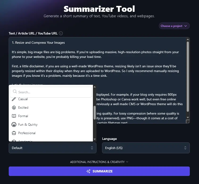 Selecting Your Tone & Writing Style With the AI Summarizer Tool