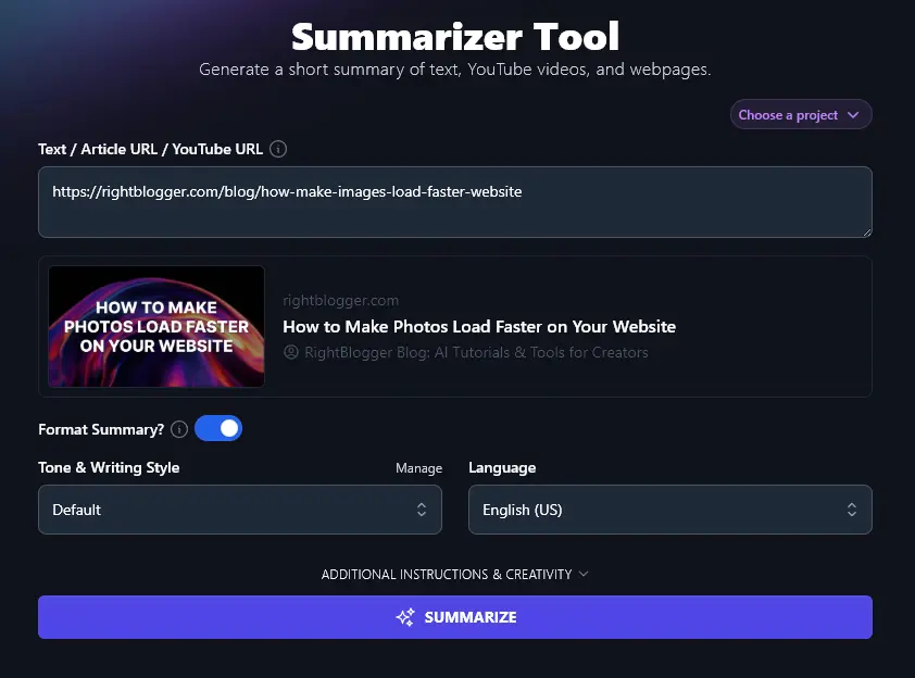 Using the Summarizer Tool With a URL Instead of Pasting in Text