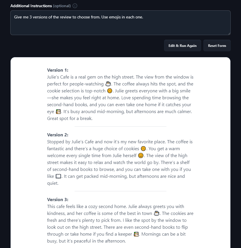 Giving Additional Instructions to the AI Review Generator, Which Have Been Followed
