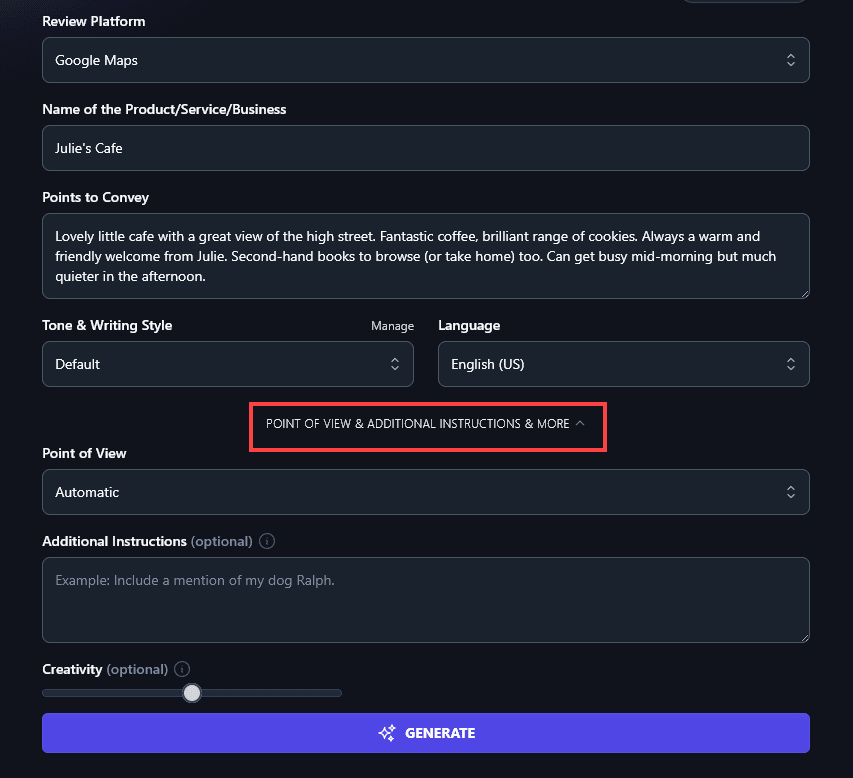 Opening Up the Additional Options for the Review Generator