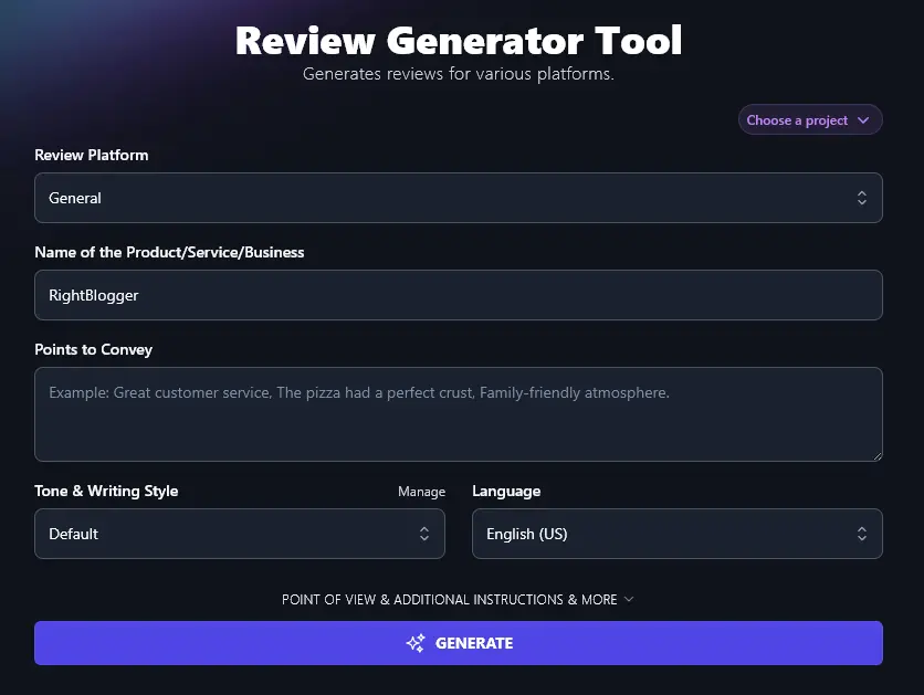 Entering the Name of the Product You're Reviewing or Writing a Testimonial for, in the AI Review Generator