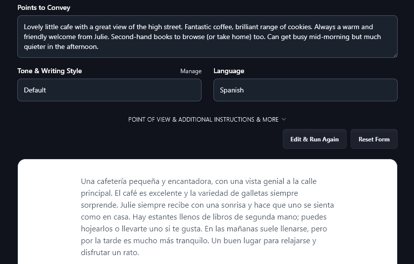 The AI Review Generator Producing a Review in Spanish