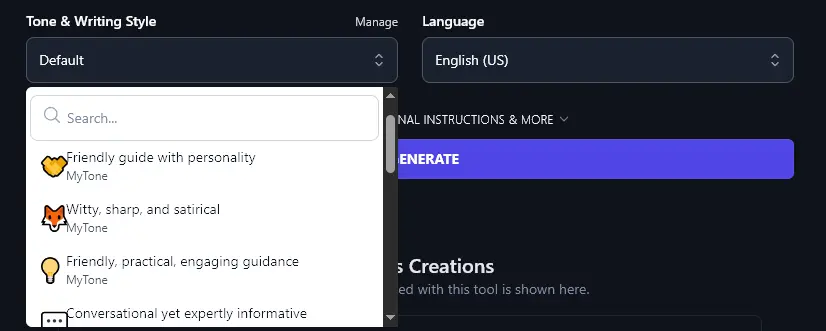 The Tone & Writing Style Dropdown List, Showing Custom MyTone Options