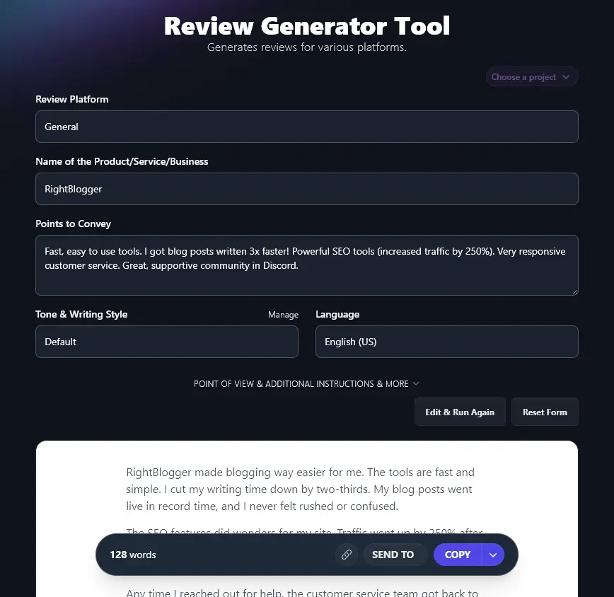 The Generated Testimonial Produced by the Review/Testimonial Generator Tool