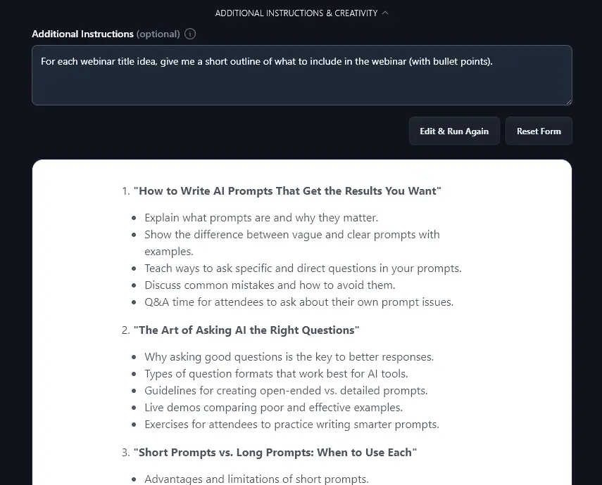 Entering Addtional Instructions That the Webinar Topic Generator Has Followed in Its Output