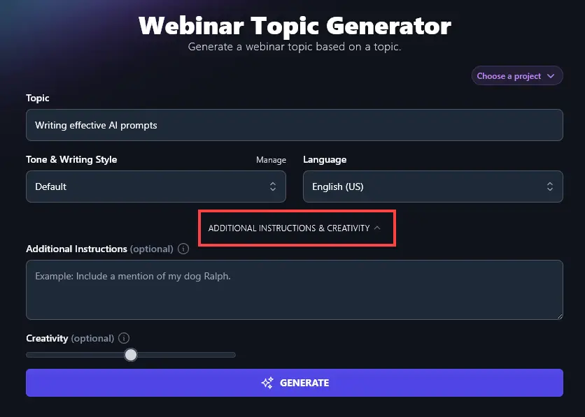 Opening Up the Advanced Options for the Webinar Topic Generator