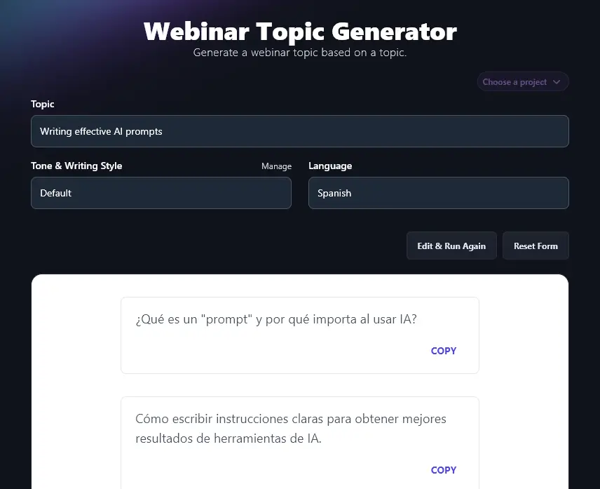 A List of Webinar Ideas in Spanish, Created by the Webinar Topic Generator Tool