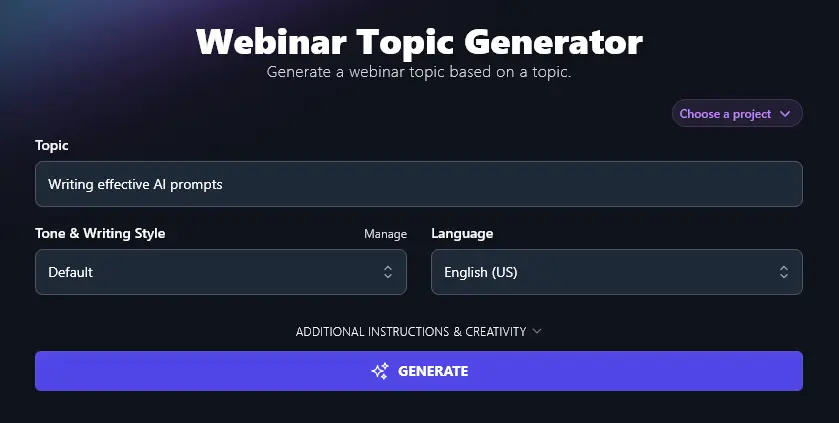 Entering an Initial Topic Into the Webinar Topic Generator