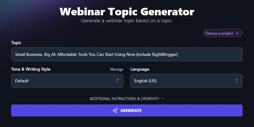 Entering a Detailed Topic Into the Webinar Topic Generator