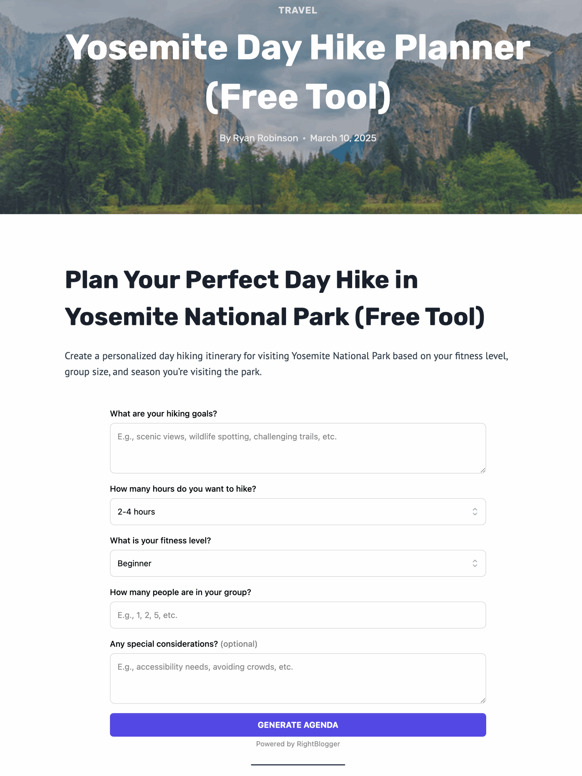AI Lead Magnet Example (Hike with Ryan Planner Tool) Screenshot