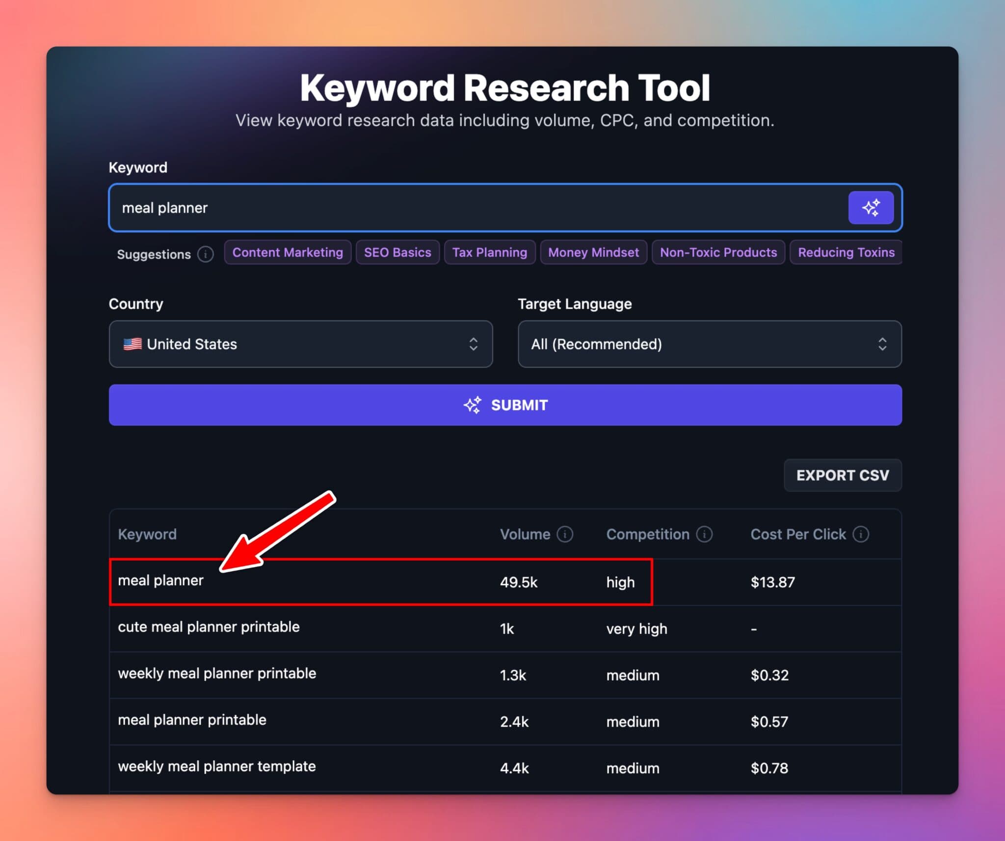 Meal Planner Tool Keyword Research Example (screenshot)