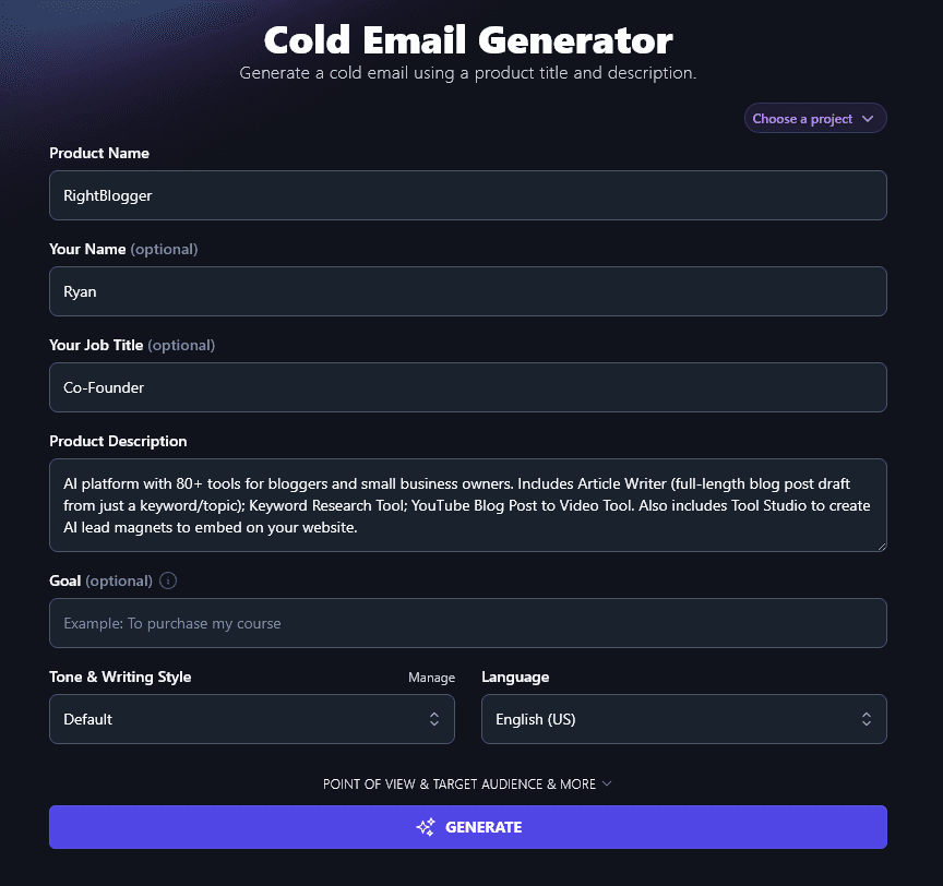 Entering a Detailed Product Description Into the Cold Email Generator