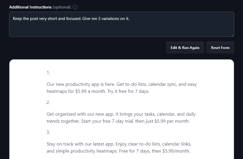 Giving Additional Instructions to the Facebook Post Tool (It's Followed Them Here to Write 3 Short Posts As Requested)
