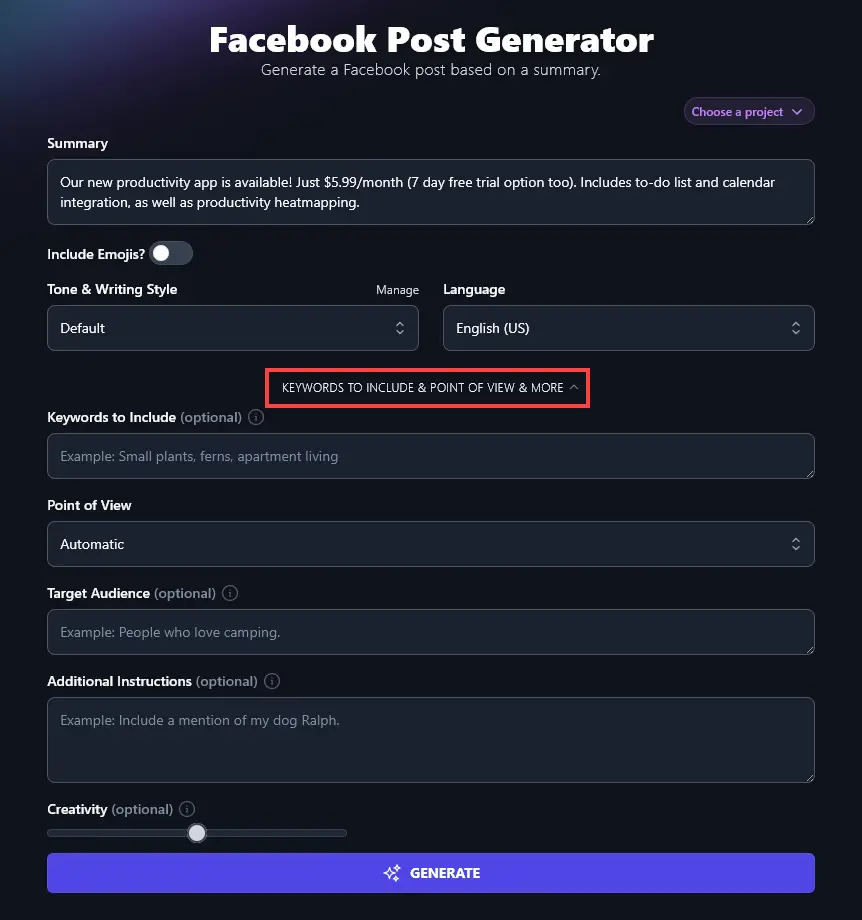 Opening Up the Advanced Options in the Facebook Post Generator