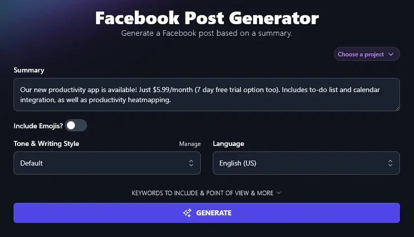 Entering a Detailed Summary Into the Facebook Post Generator