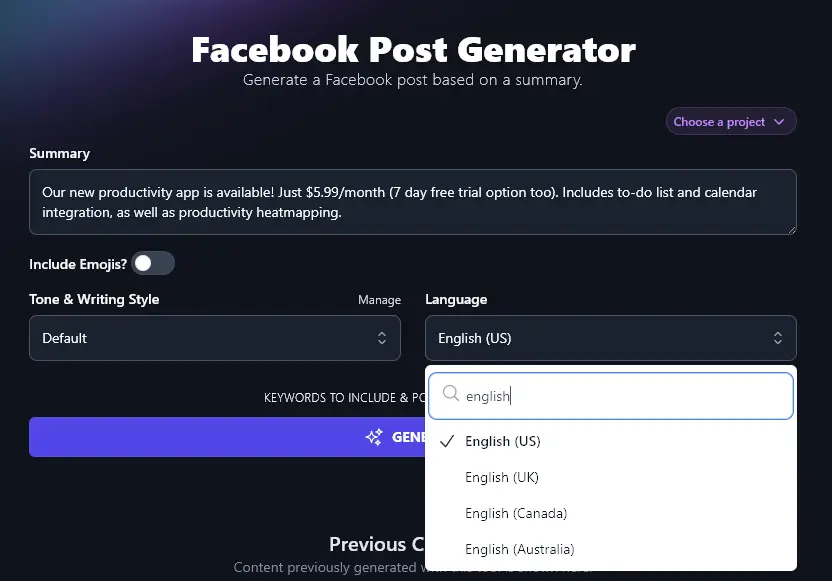 Selecting From Different Varieties of English in the Facebook Post Generator