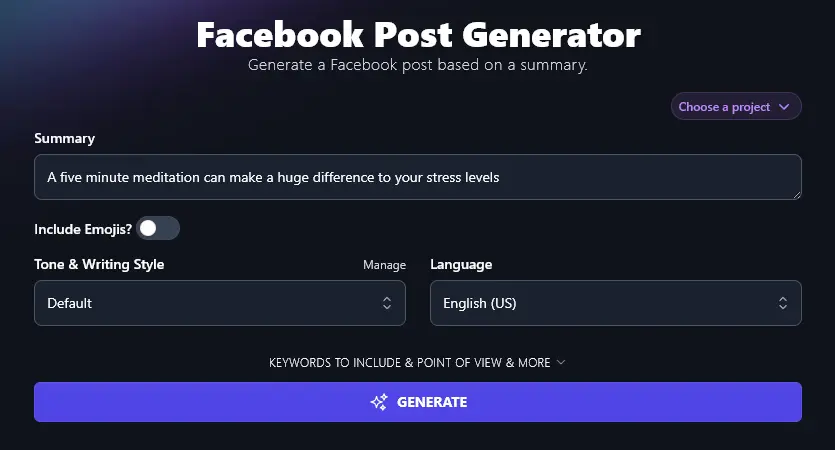Entering a Summary Into the Facebook Post Generator