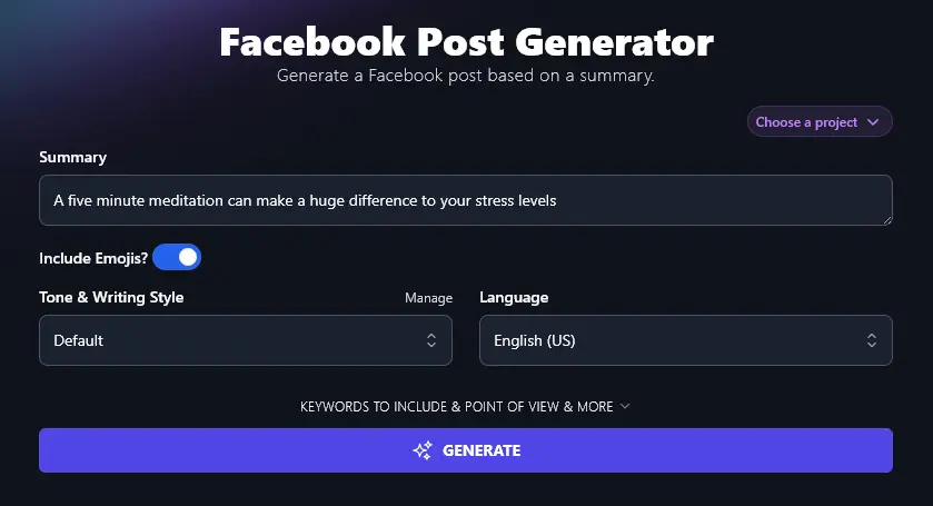 Toggling Include Emojis On in the Facebook Post Generator