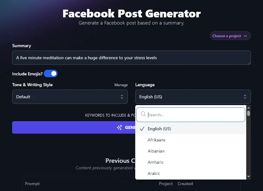 Selecting a Language in the Facebook Post Generator