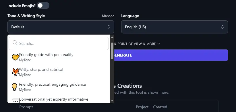Selecting a MyTone in the Facebook Post Generator