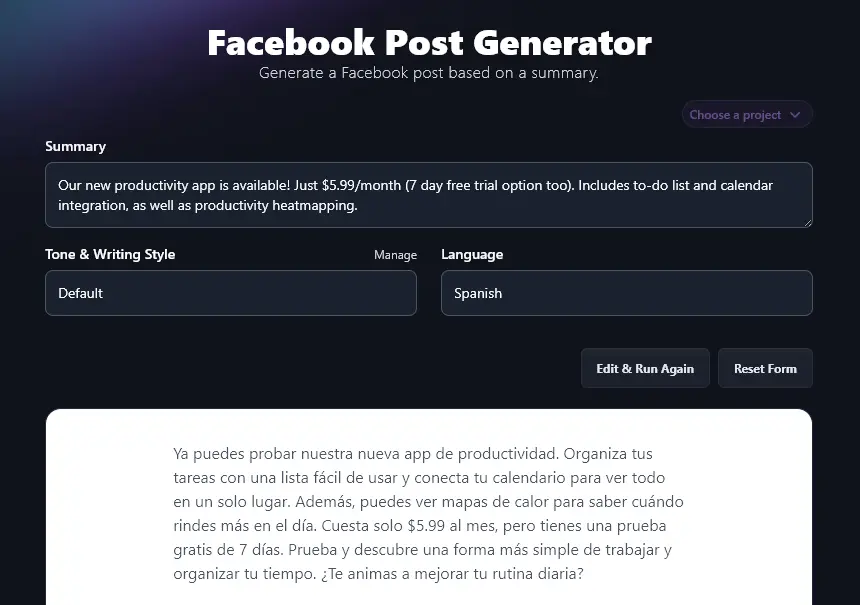 Creating a Facebook Post In Spanish Using the Facebook Post Generator Tool