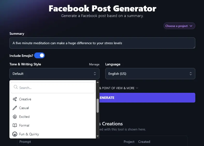 Selecting a Tone & Writing Style in the Facebook Post Generator
