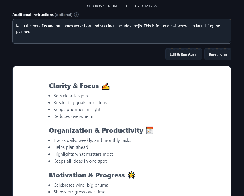 The AI Has Followed the Additional Instructions When Creating the Benefits and Outcomes