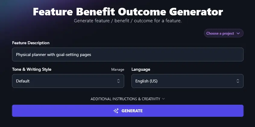 Describing a Product That You Haven't Yet Created, to get Ideas from the Feature Benefit Outcome Generator