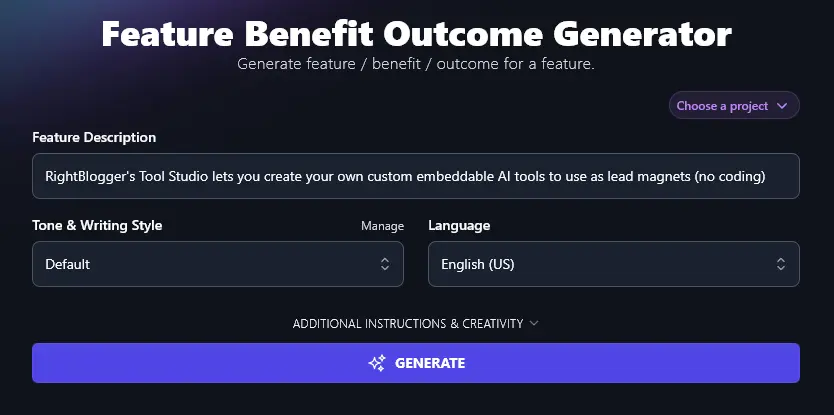 Entering a Feature Description into the Feature Benefit Outcome Generator