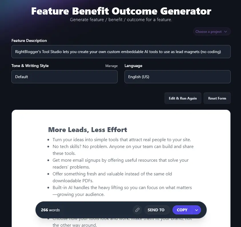 The Copy Created by the the Feature Benefit Outcome Generator
