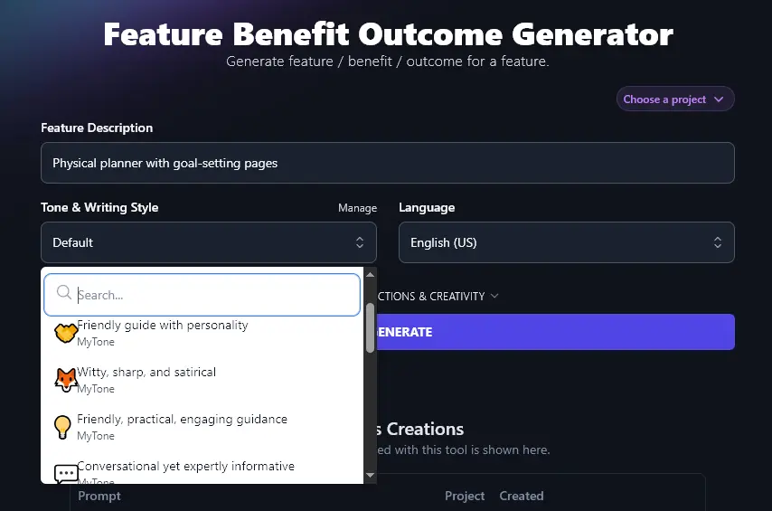 Selecting a MyTone in the the Feature Benefit Outcome Generator